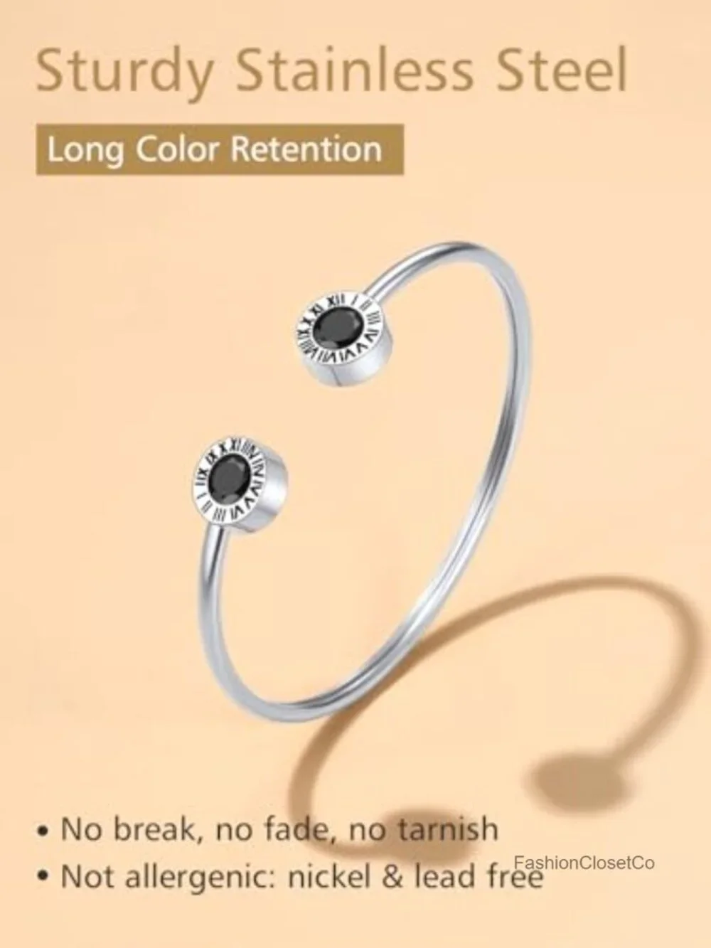 Stainless Steel Cuff Bracelet with Roman Numerals and Cubic Zirconia Birthstone